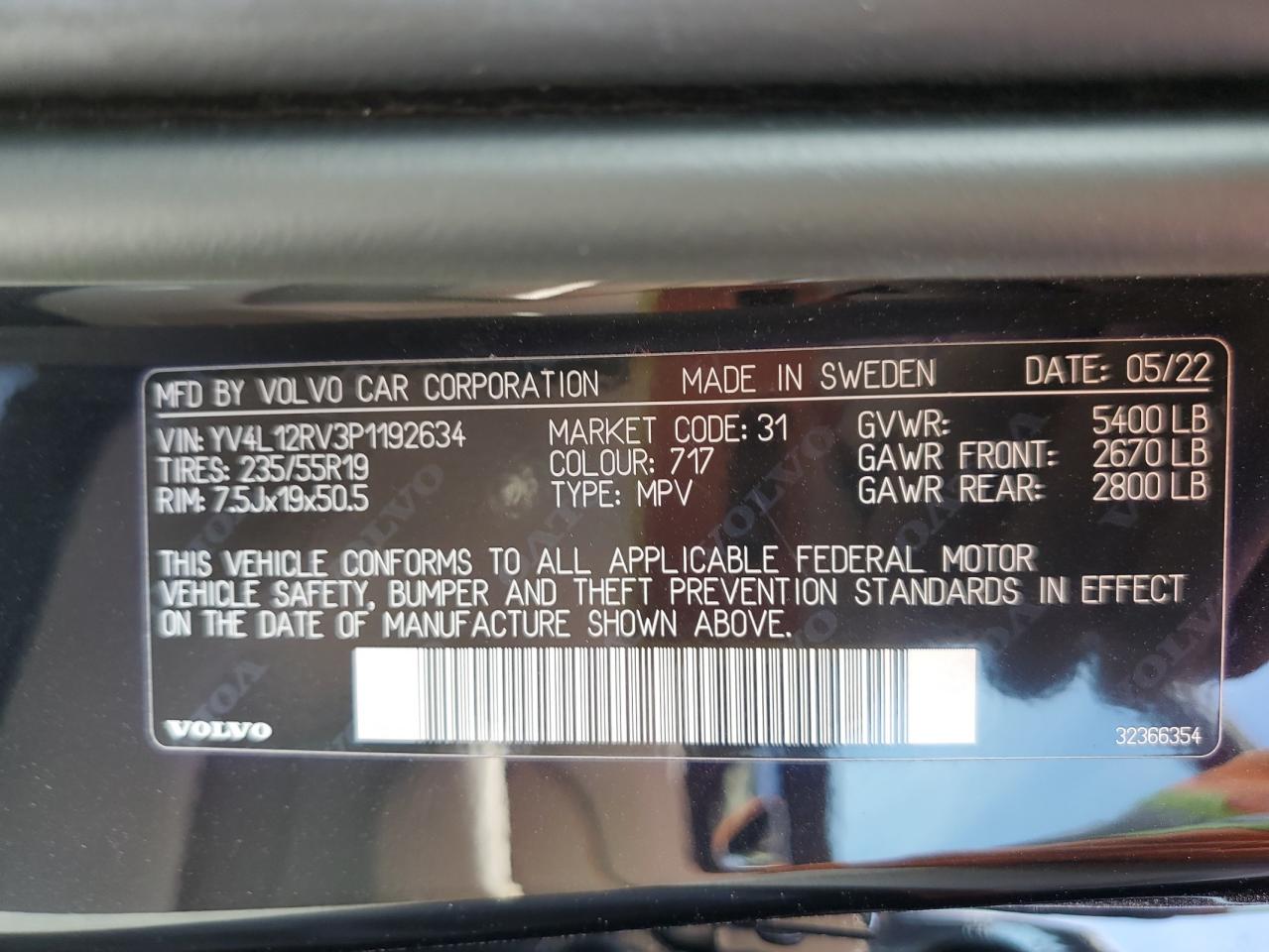 2023 VOLVO XC60 CORE VIN:YV4L12RV3P1192634