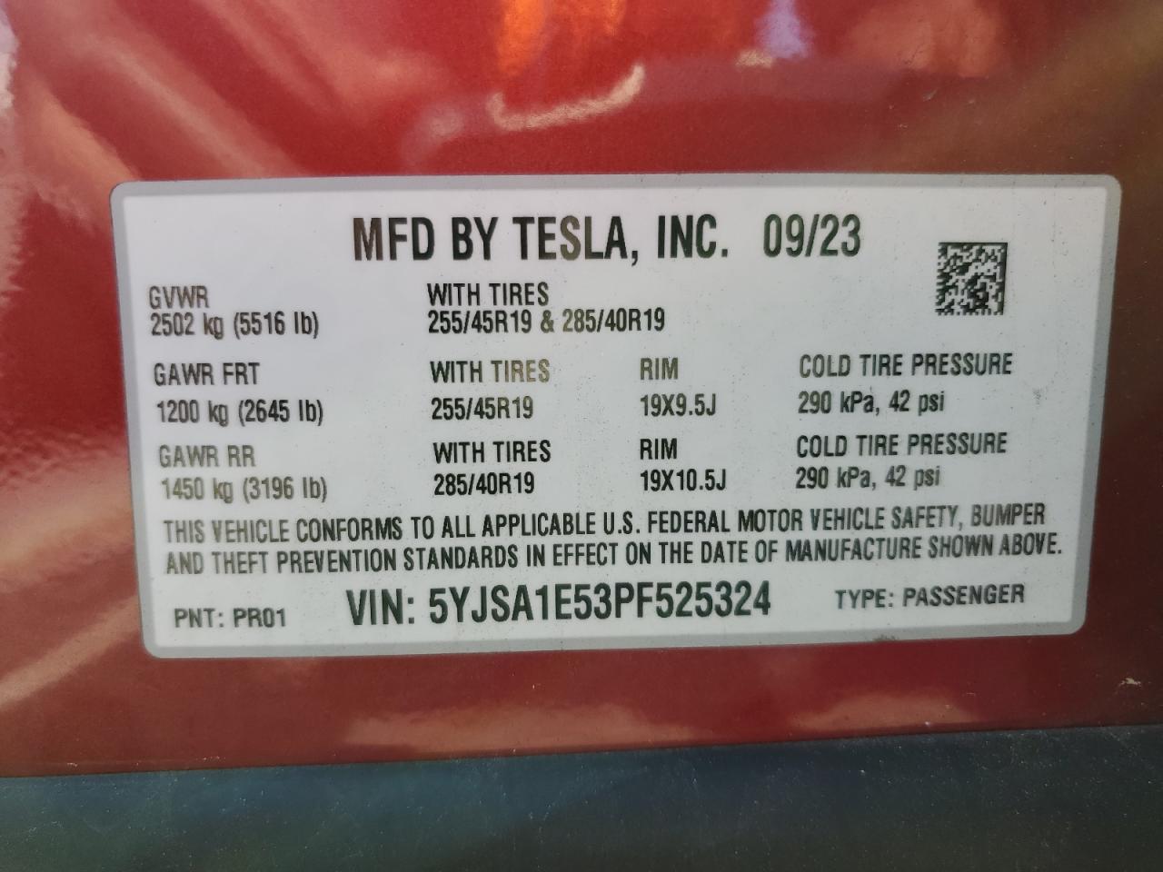 2023 TESLA MODEL S VIN:5YJSA1E53PF525324