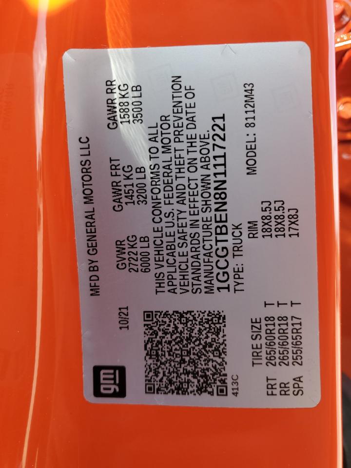 2022 CHEVROLET COLORADO VIN:1GCGTBEN8N1117221