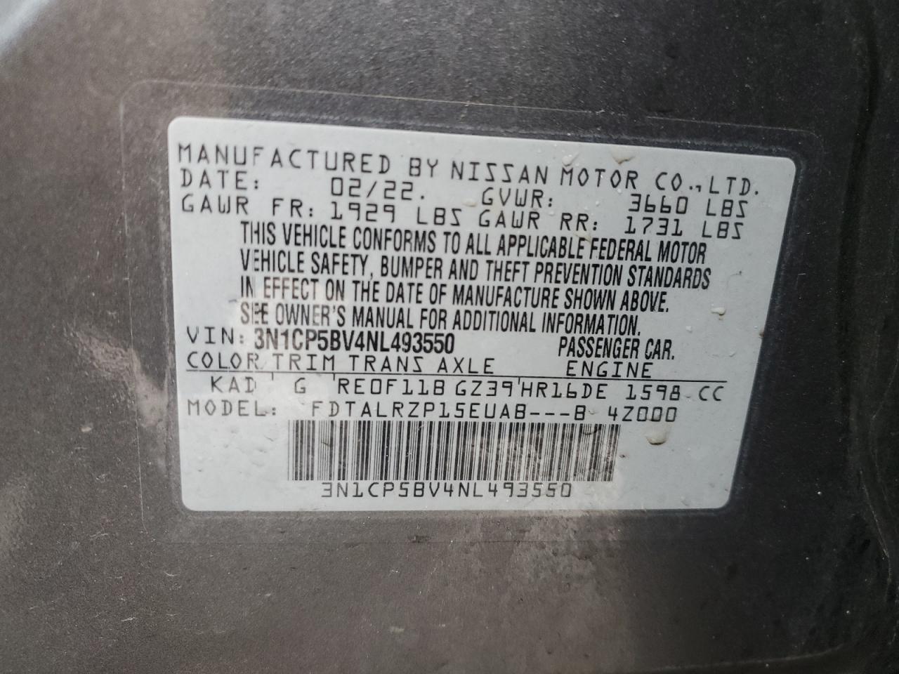 2022 NISSAN KICKS S VIN:3N1CP5BV4NL493550