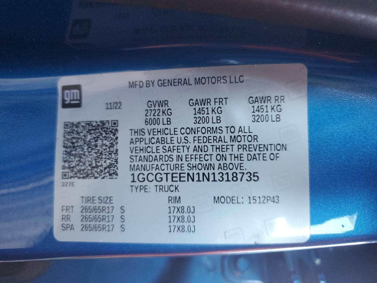 2022 CHEVROLET COLORADO ZR2 VIN:1GCGTEEN1N1318735