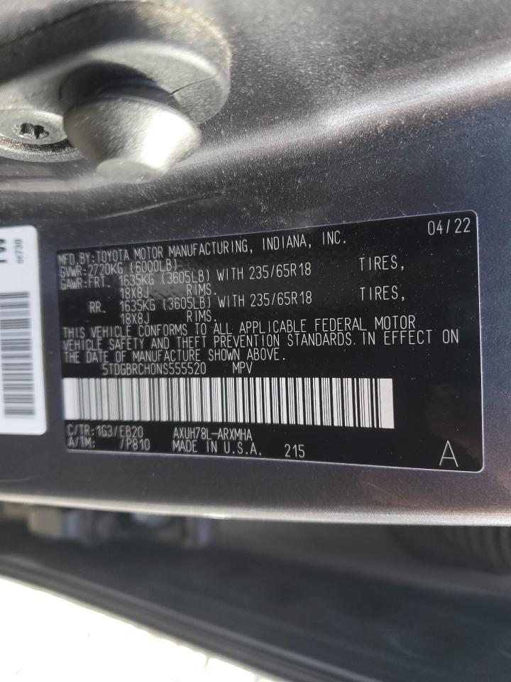 2022 TOYOTA HIGHLANDER HYBRID XLE VIN:5TDGBRCH0NS555520