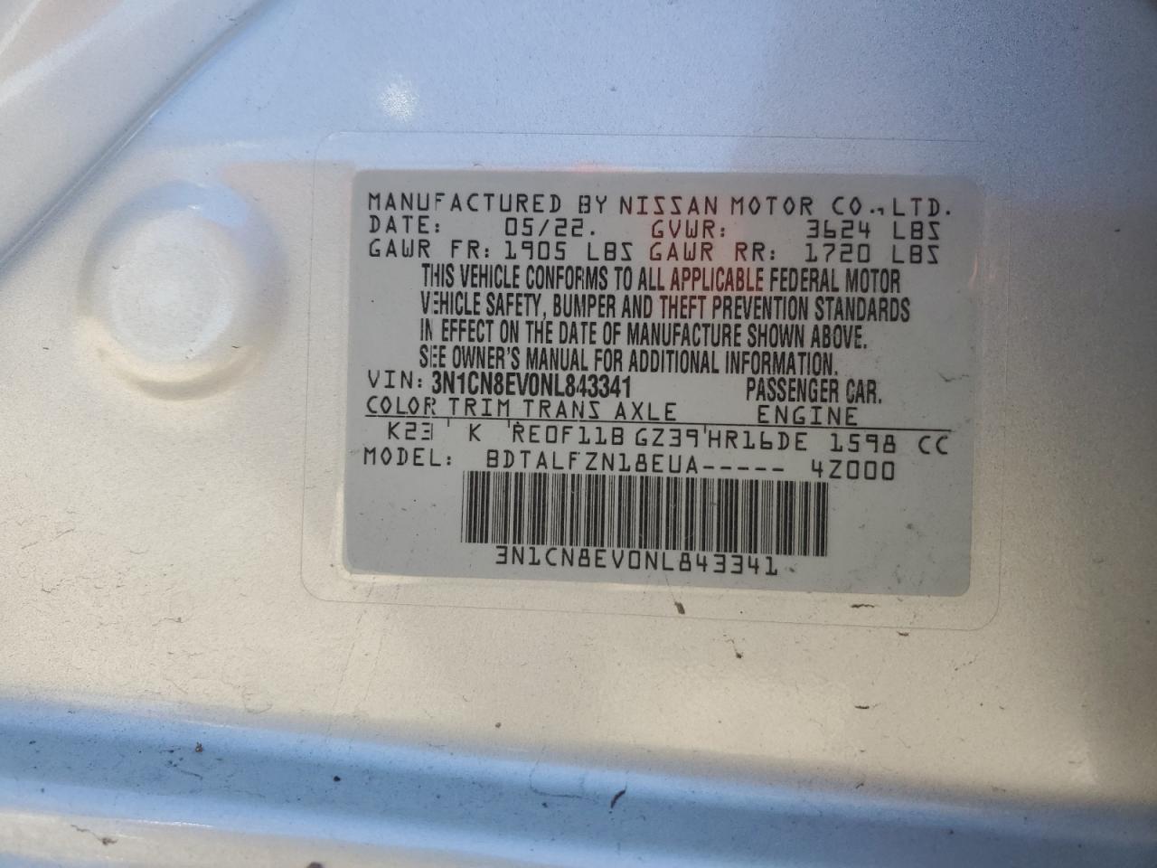 2022 NISSAN VERSA SV VIN:3N1CN8EV0NL843341