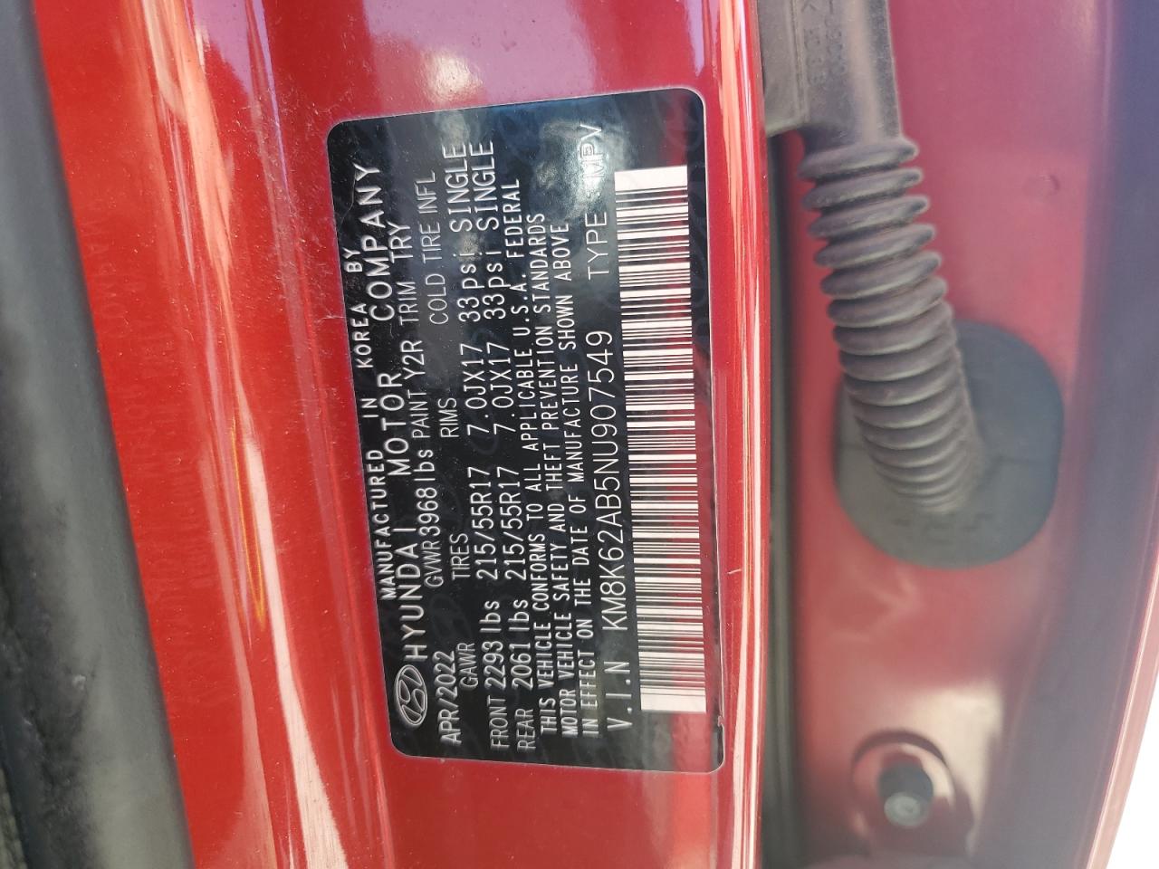 2022 HYUNDAI KONA SEL VIN:KM8K62AB5NU907549