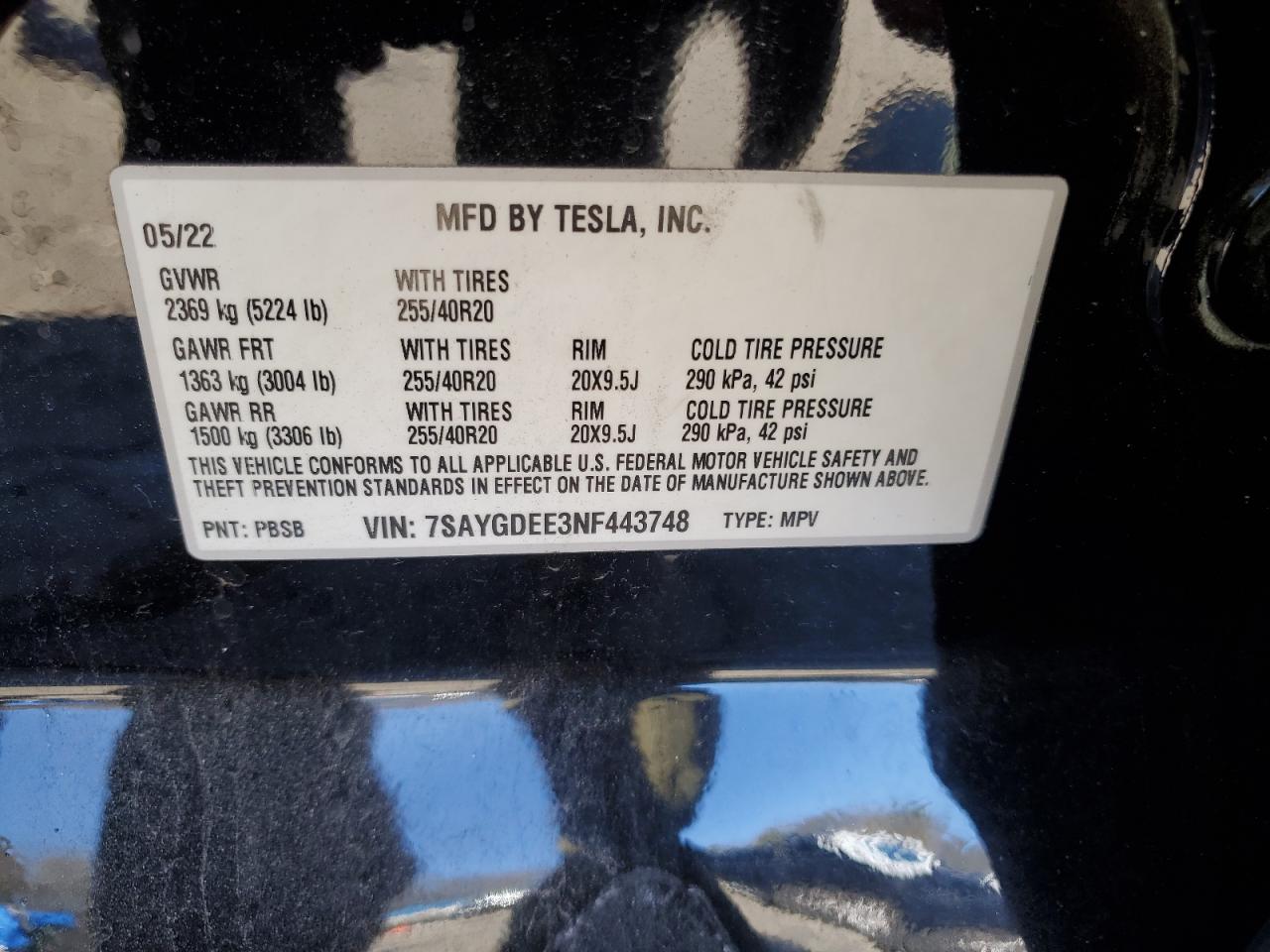2022 TESLA MODEL Y VIN:7SAYGDEE3NF443748