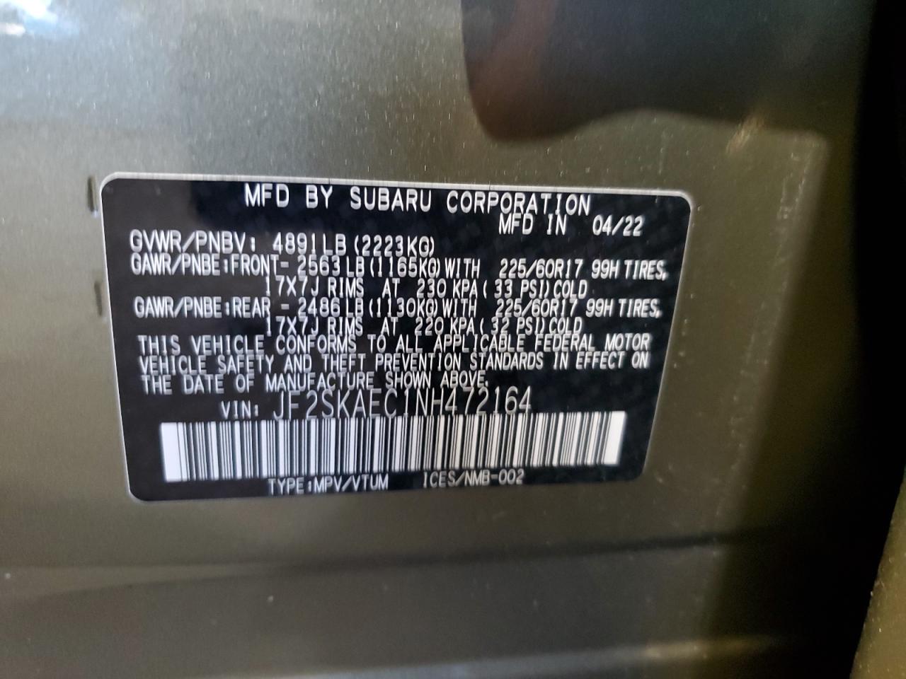 2022 SUBARU FORESTER PREMIUM VIN:JF2SKAEC1NH472164