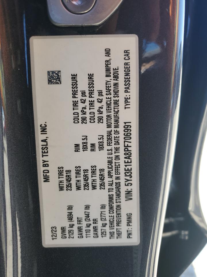 2023 TESLA MODEL 3 VIN:5YJ3E1EA8PF706991