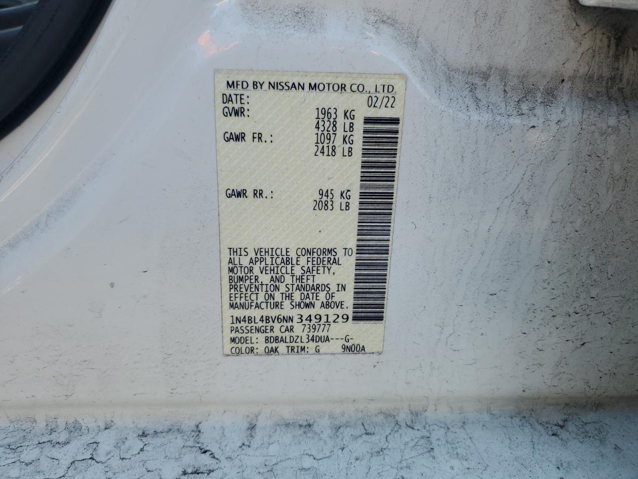 2022 NISSAN ALTIMA S VIN:1N4BL4BV6NN349129