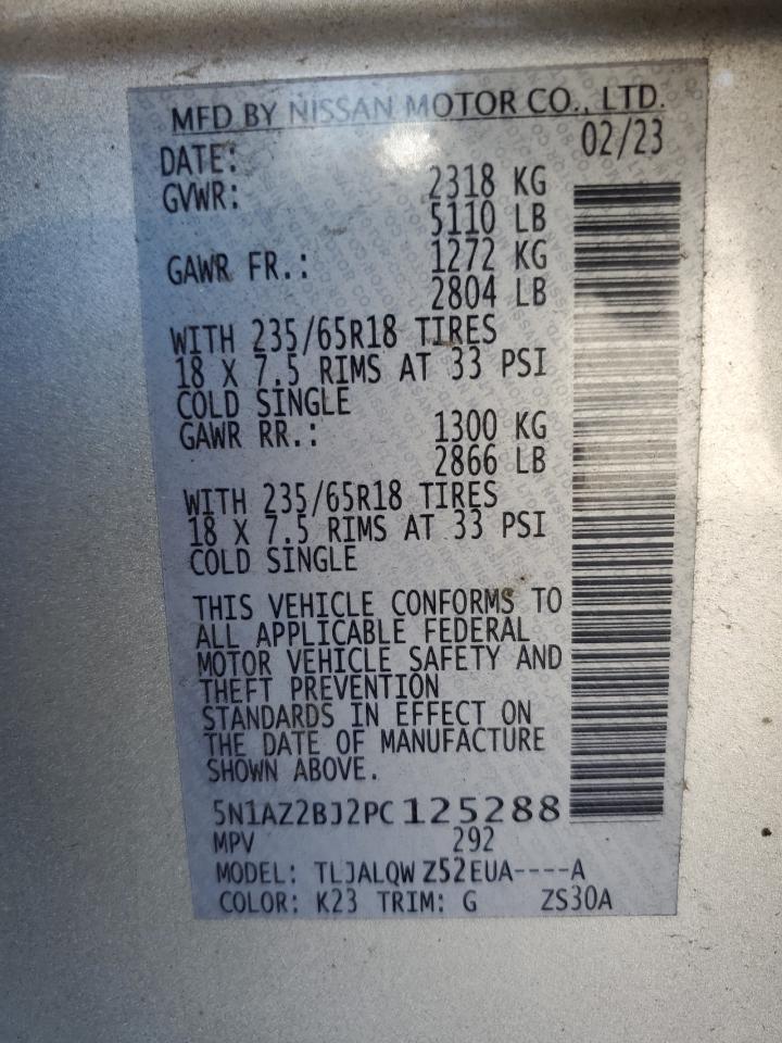 2023 NISSAN MURANO SV VIN:5N1AZ2BJ2PC125288
