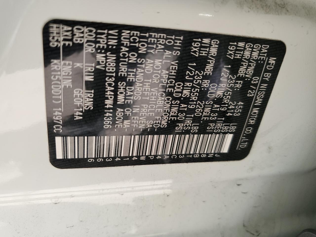 2023 NISSAN ROGUE SL VIN:JN8BT3CA4PW414366