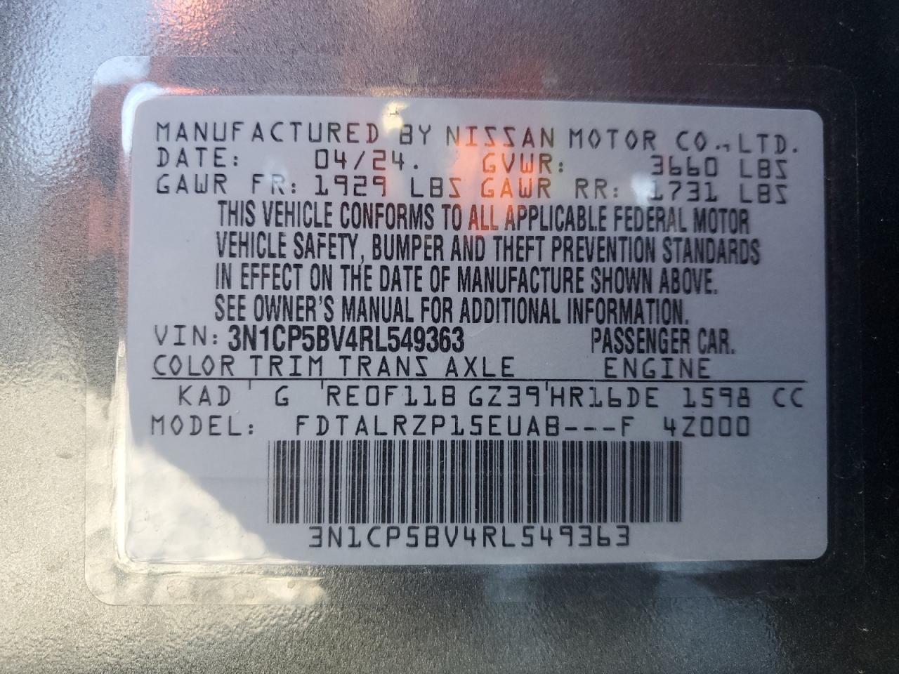 2024 NISSAN KICKS S VIN:3N1CP5BV4RL549363