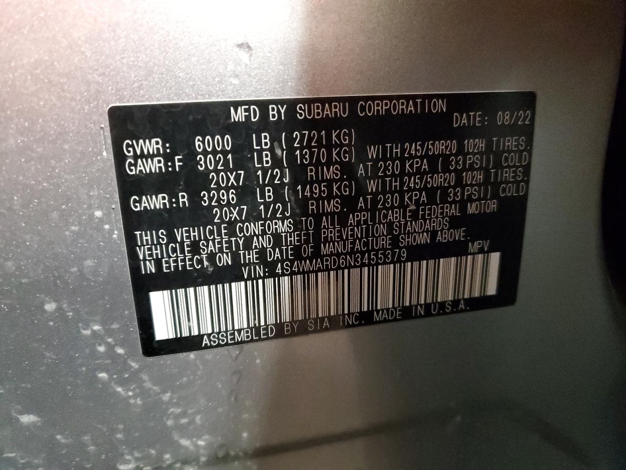 2022 SUBARU ASCENT TOURING VIN:4S4WMARD6N3455379