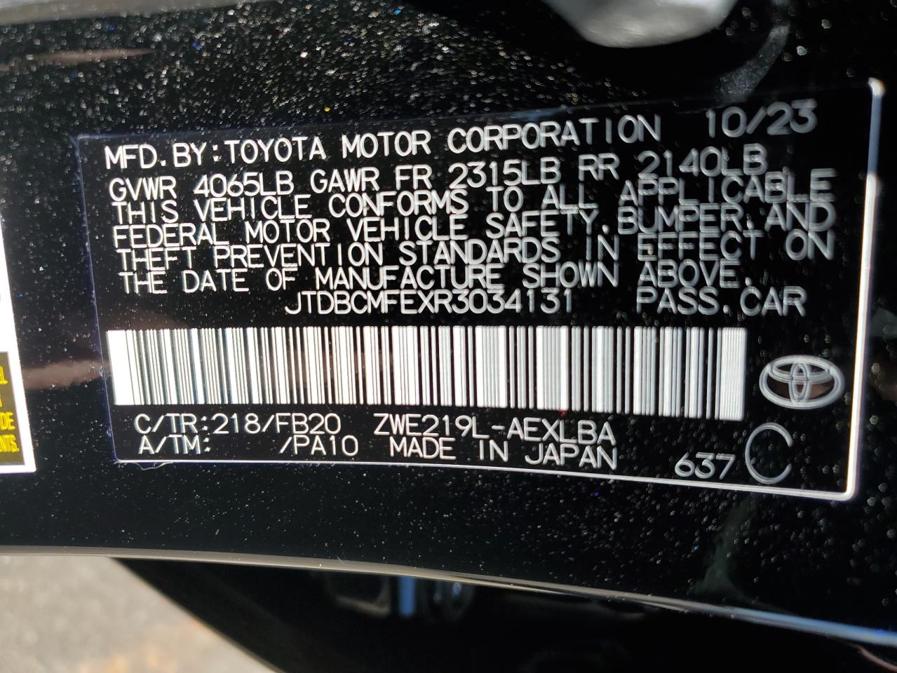 2024 TOYOTA COROLLA LE VIN:JTDBCMFEXR3034131