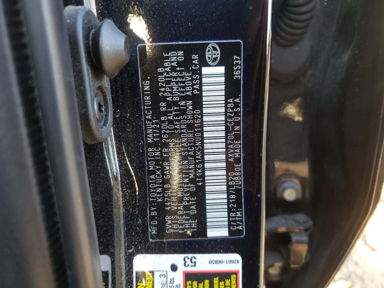 2022 TOYOTA CAMRY XSE VIN:4T1K61AK5NU011620