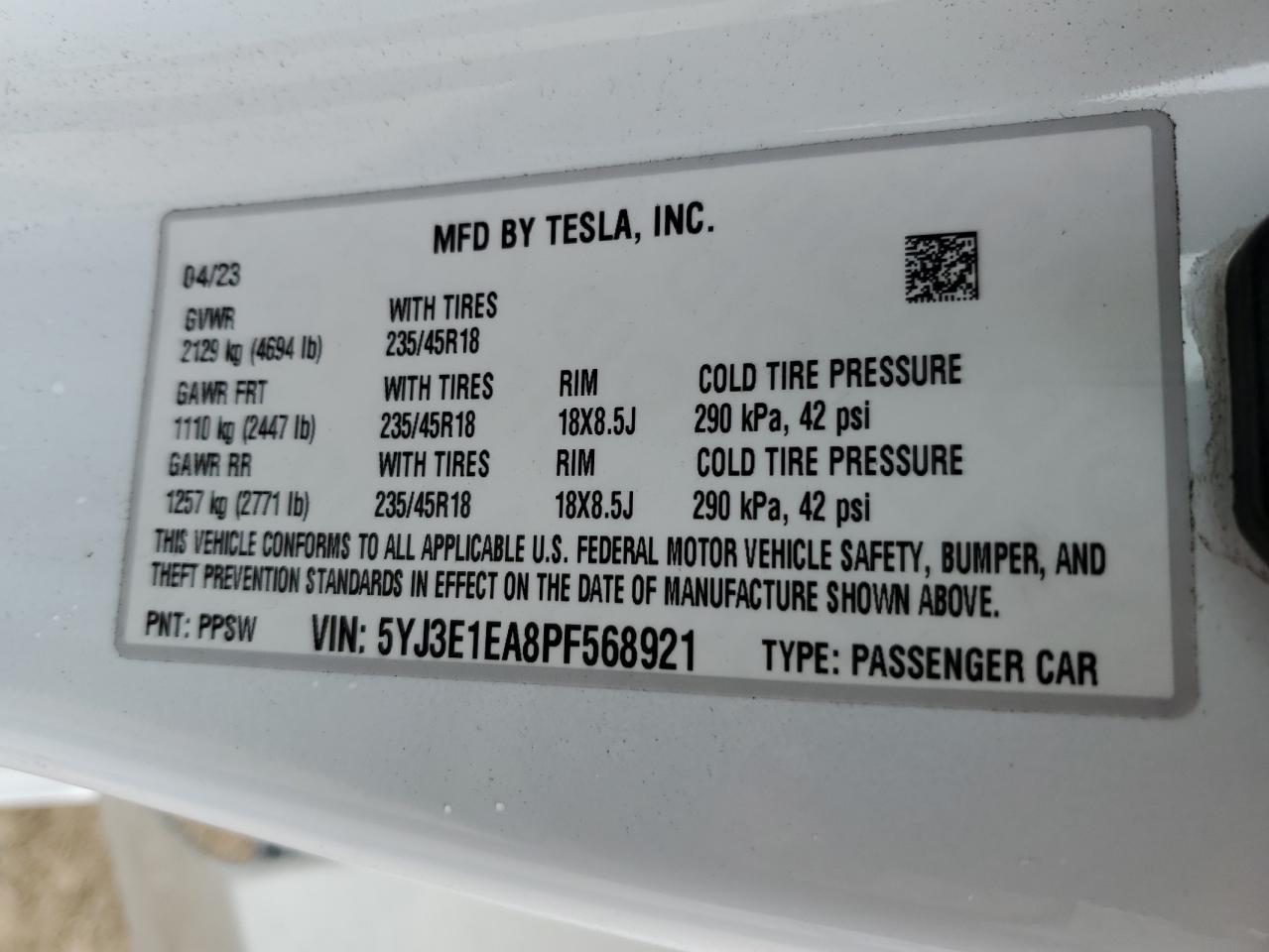 2023 TESLA MODEL 3 VIN:5YJ3E1EA8PF568921