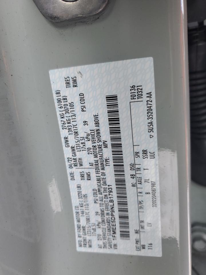 2022 FORD BRONCO BASE VIN:1FMEE5DP9NLB17931