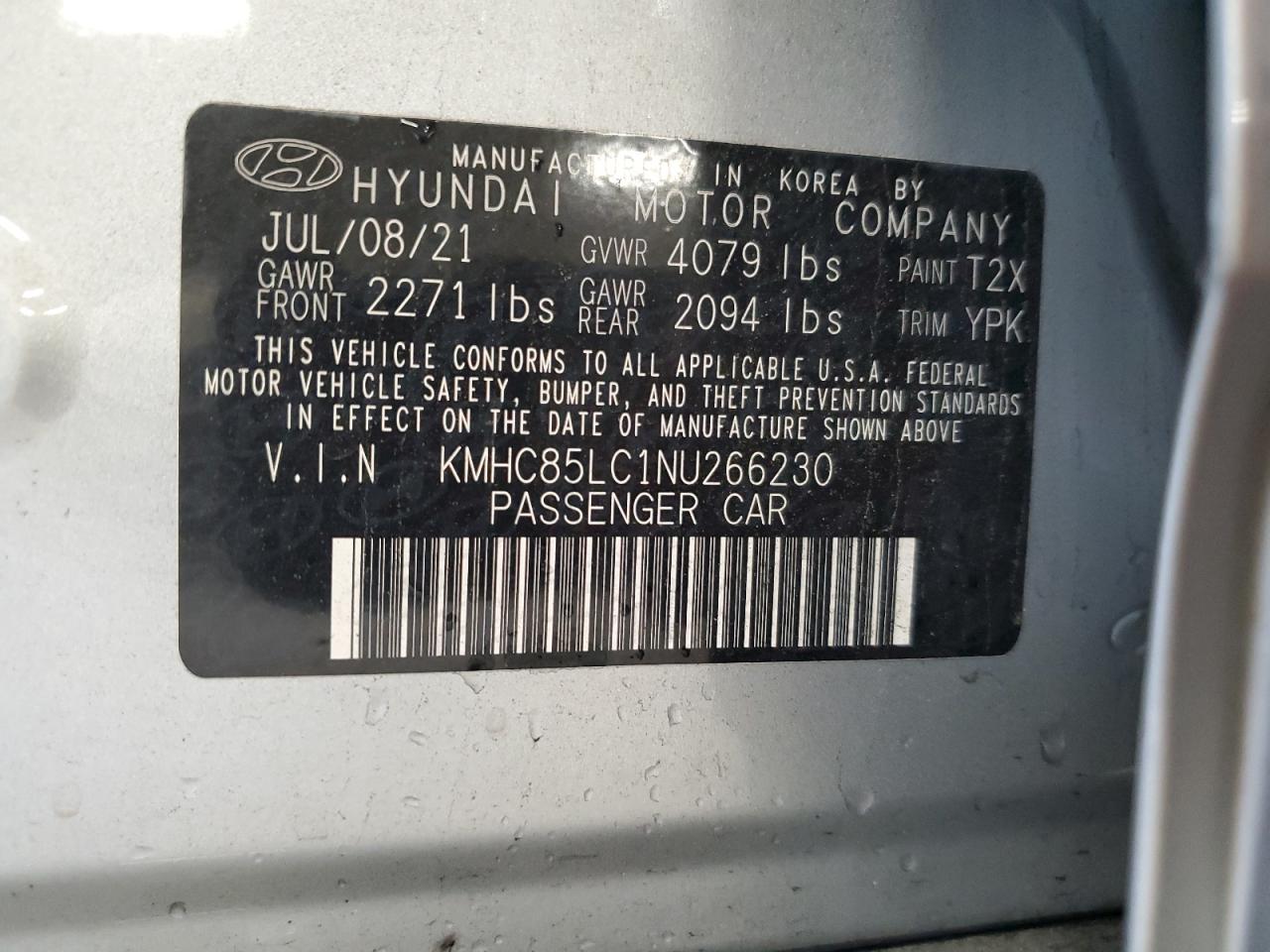 2022 HYUNDAI IONIQ SEL VIN:KMHC85LC1NU266230