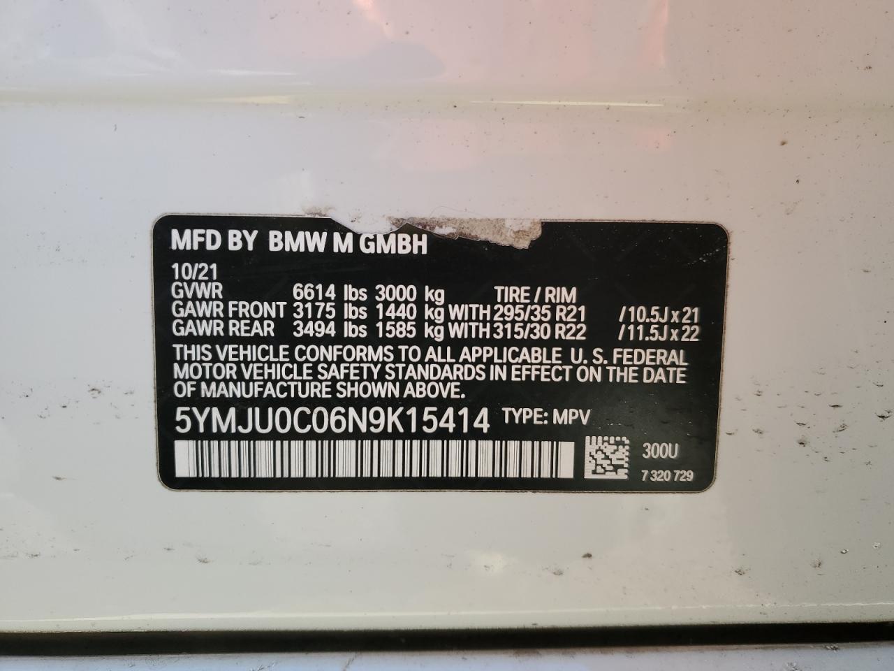 2022 BMW X5 M VIN:5YMJU0C06N9K15414