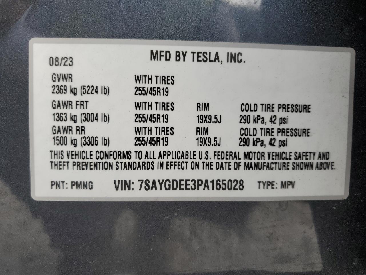 2023 TESLA MODEL Y VIN:7SAYGDEE3PA165028
