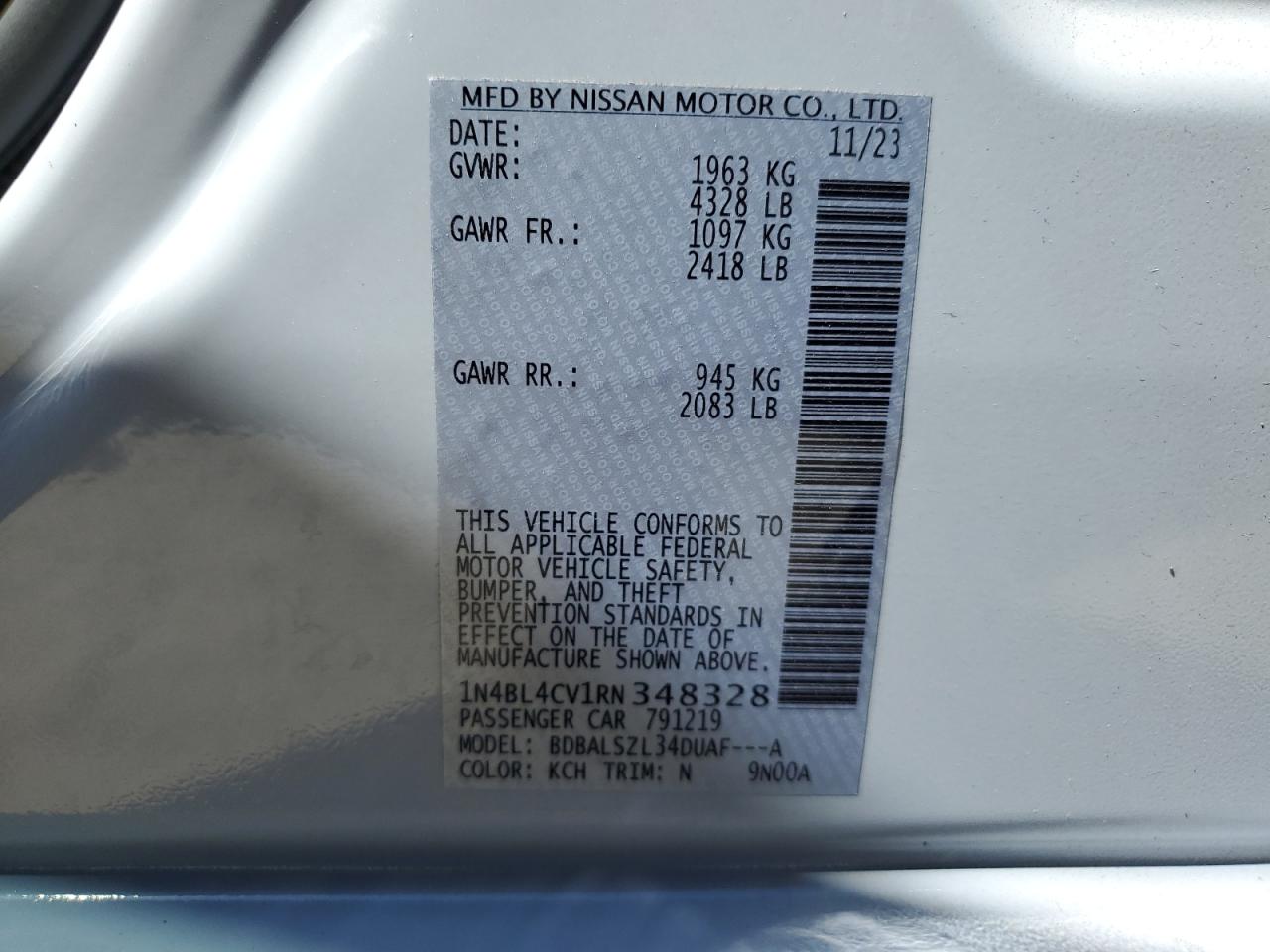 2024 NISSAN ALTIMA SR VIN:1N4BL4CV1RN348328