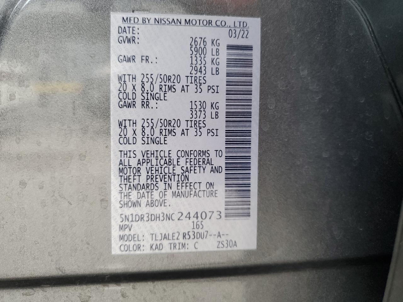 2022 NISSAN PATHFINDER PLATINUM VIN:5N1DR3DH3NC244073