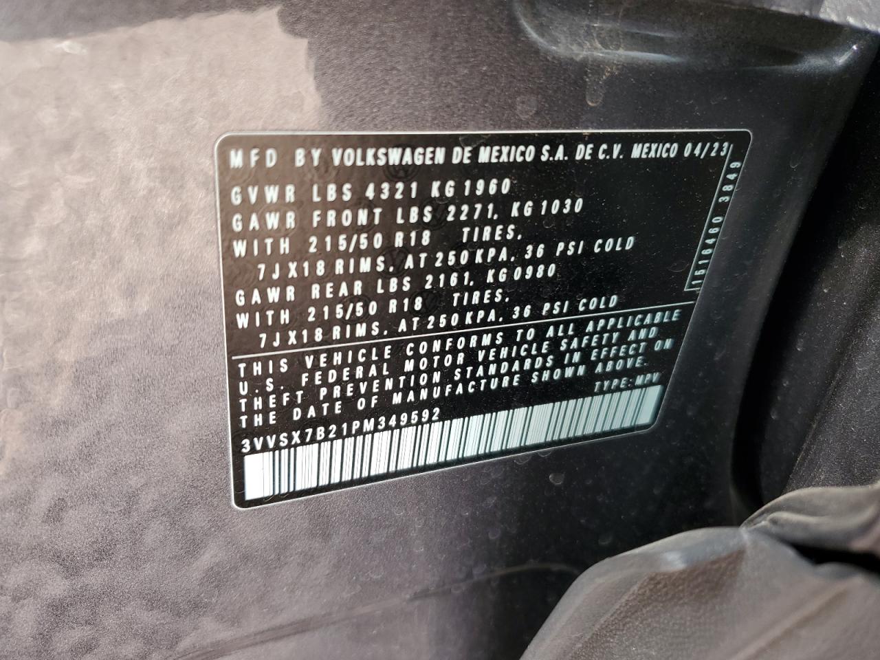 2023 VOLKSWAGEN TAOS SE VIN:3VVSX7B21PM349592