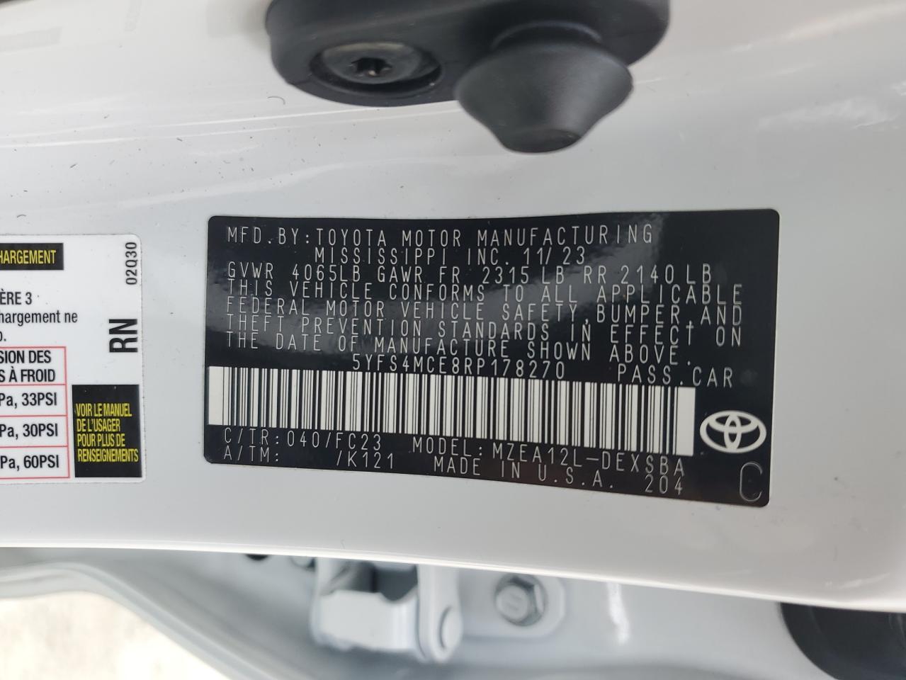 2024 TOYOTA COROLLA SE VIN:5YFS4MCE8RP178270