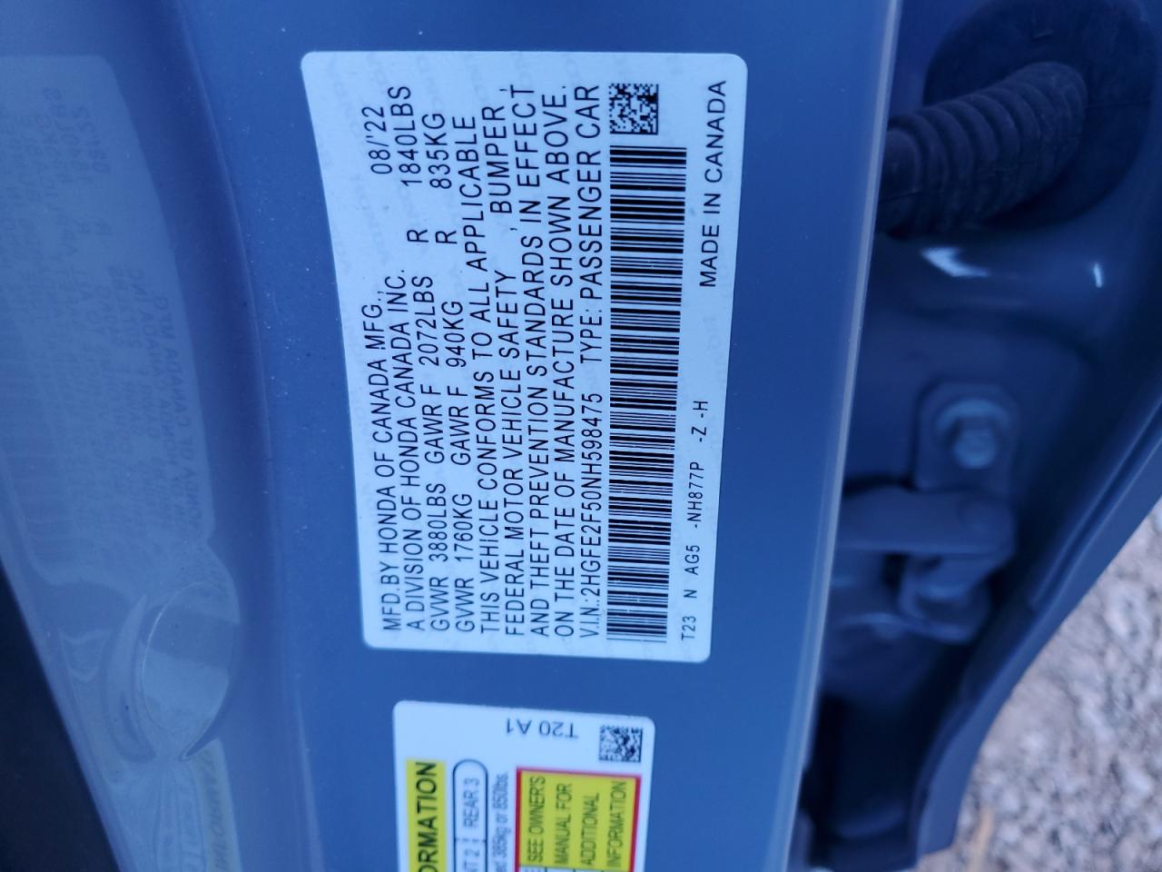 2022 HONDA CIVIC SPORT VIN:2HGFE2F50NH598475