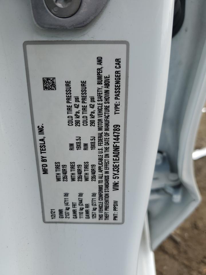 2022 TESLA MODEL 3 VIN:5YJ3E1EA0NF144789