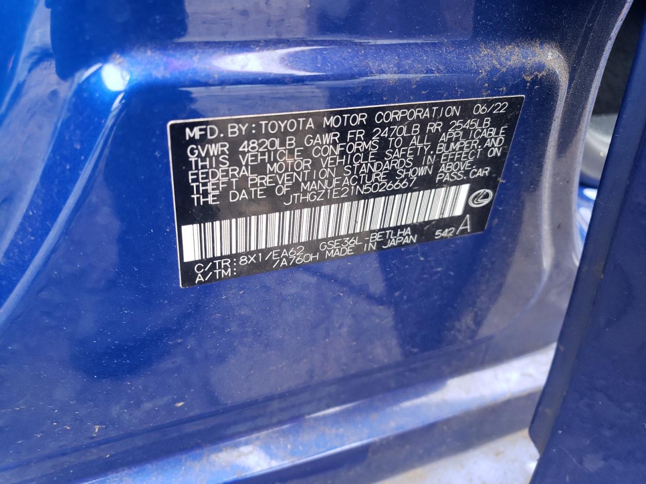 2022 LEXUS IS 350 F-SPORT VIN:JTHGZ1E21N5026667