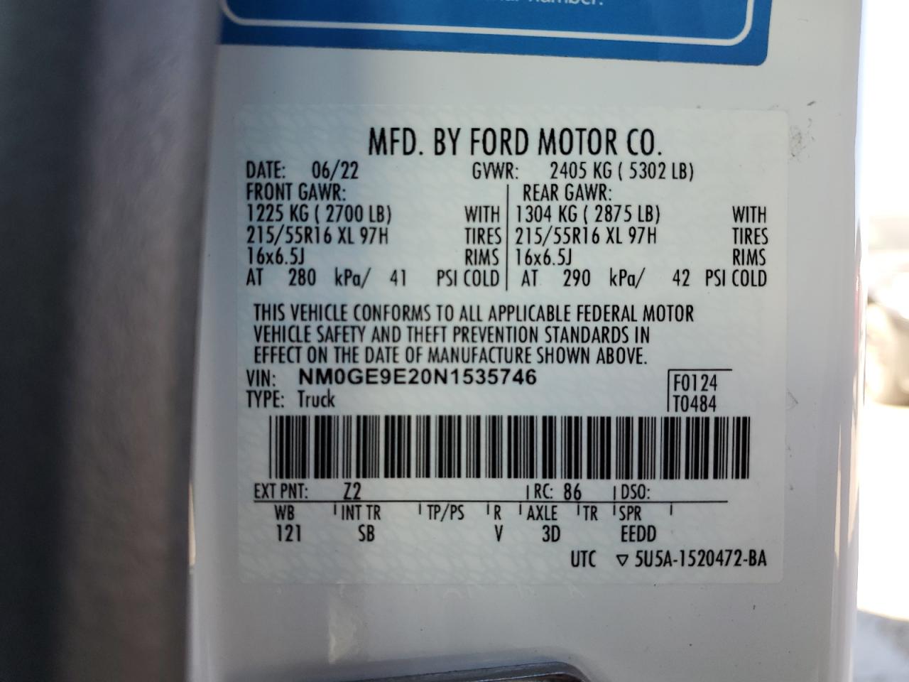 2022 FORD TRANSIT CONNECT XL VIN:NM0GE9E20N1535746