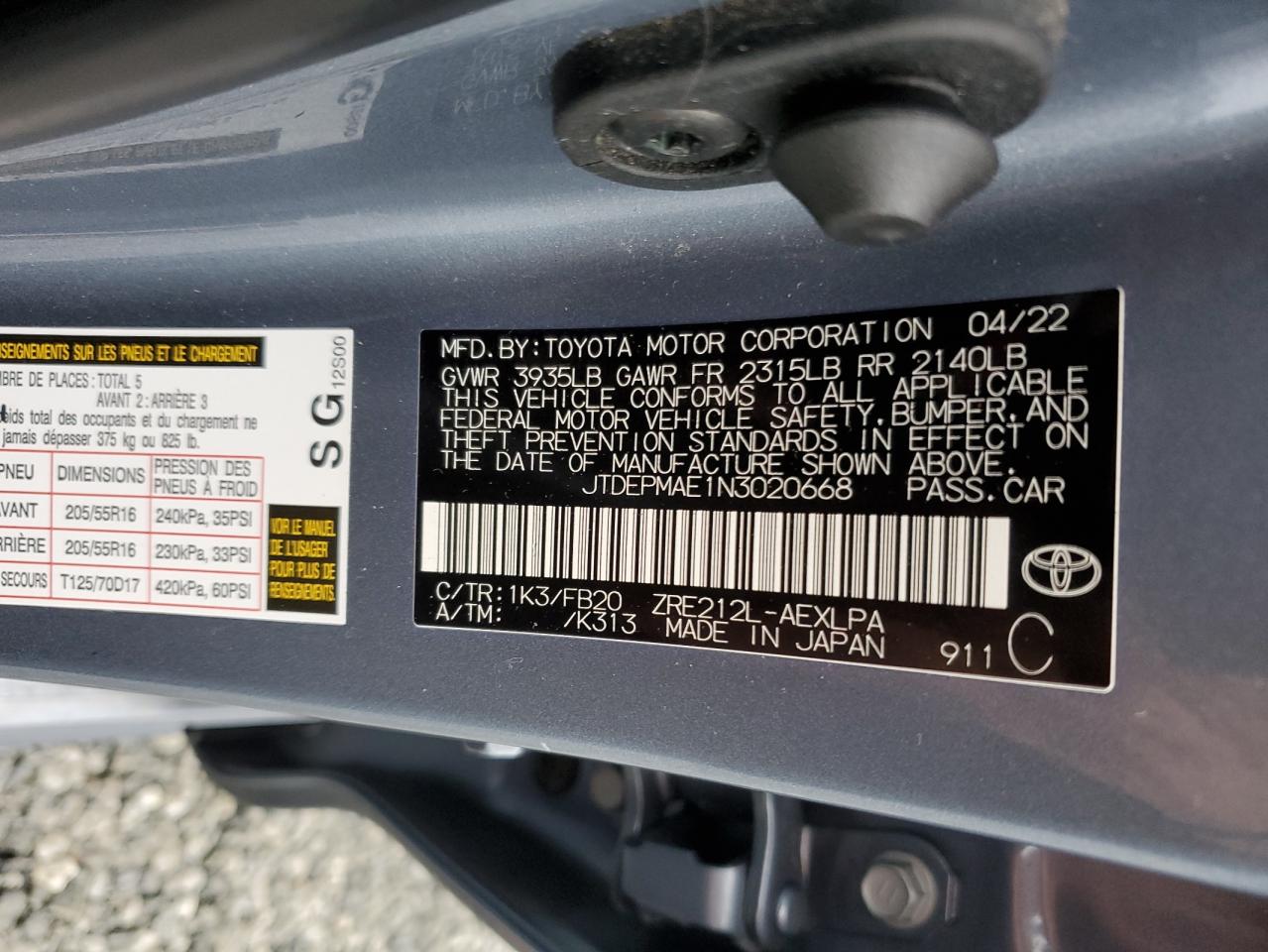 2022 TOYOTA COROLLA LE VIN:JTDEPMAE1N3020668