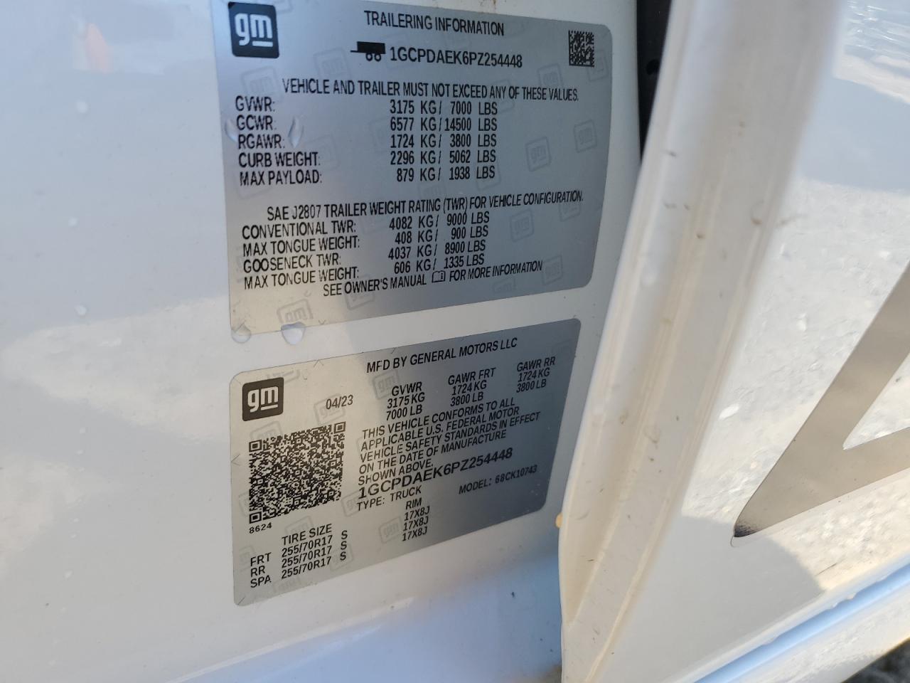 2023 CHEVROLET SILVERADO K1500 VIN:1GCPDAEK6PZ254448