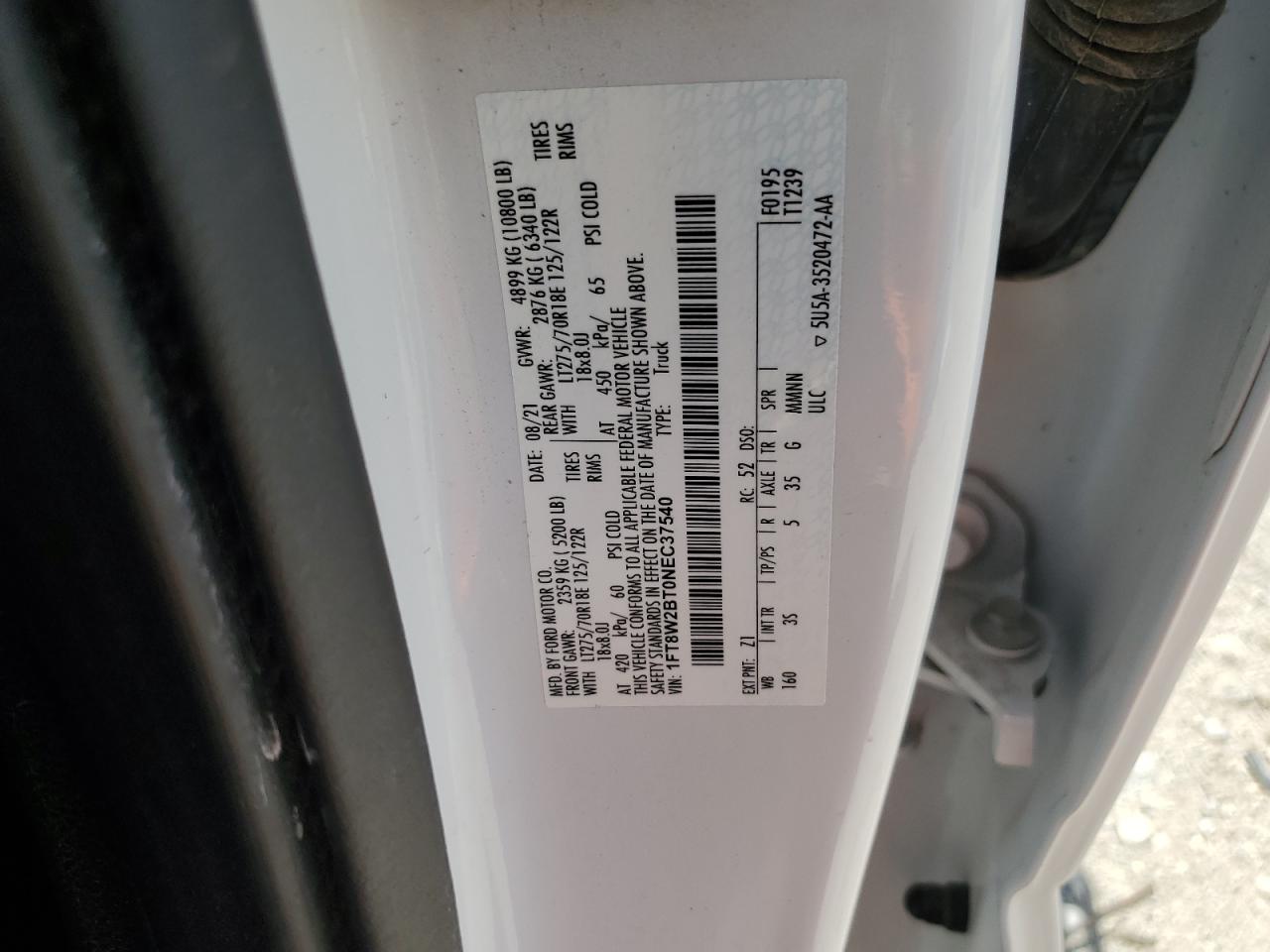 2022 FORD F250 SUPER DUTY VIN:1FT8W2BT0NEC37540