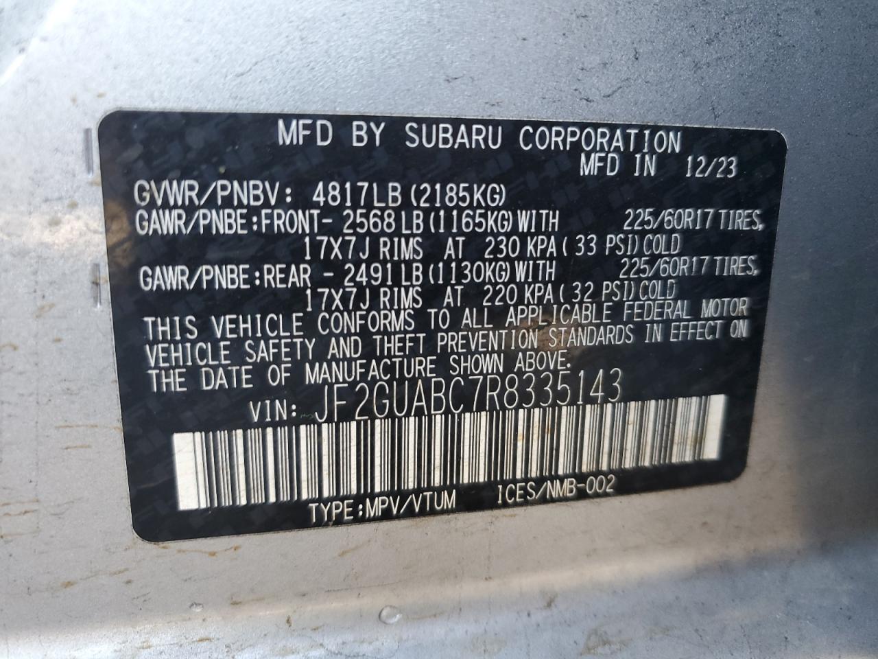 2024 SUBARU CROSSTREK VIN:JF2GUABC7R8335143