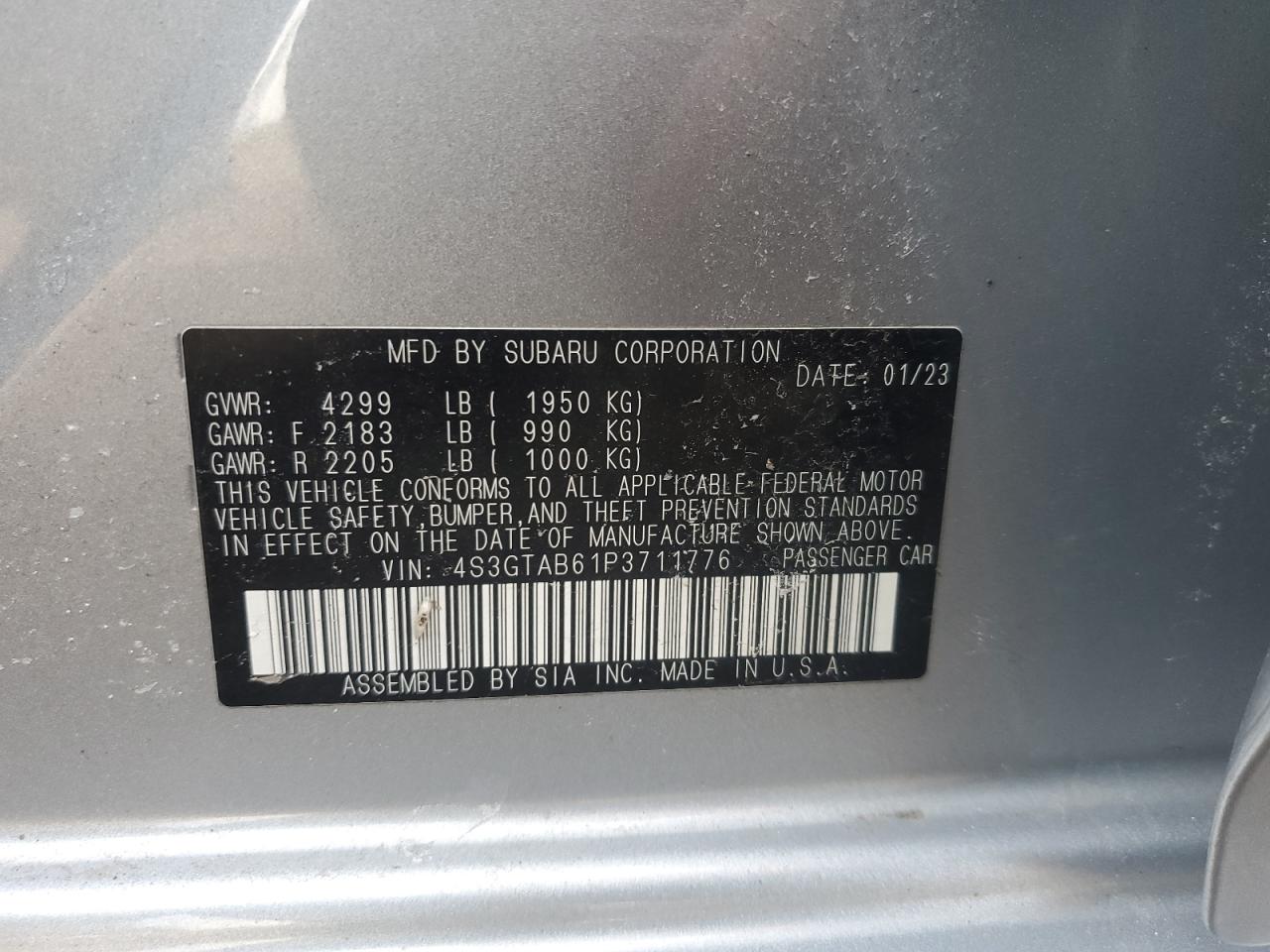 2023 SUBARU IMPREZA VIN:4S3GTAB61P3711776