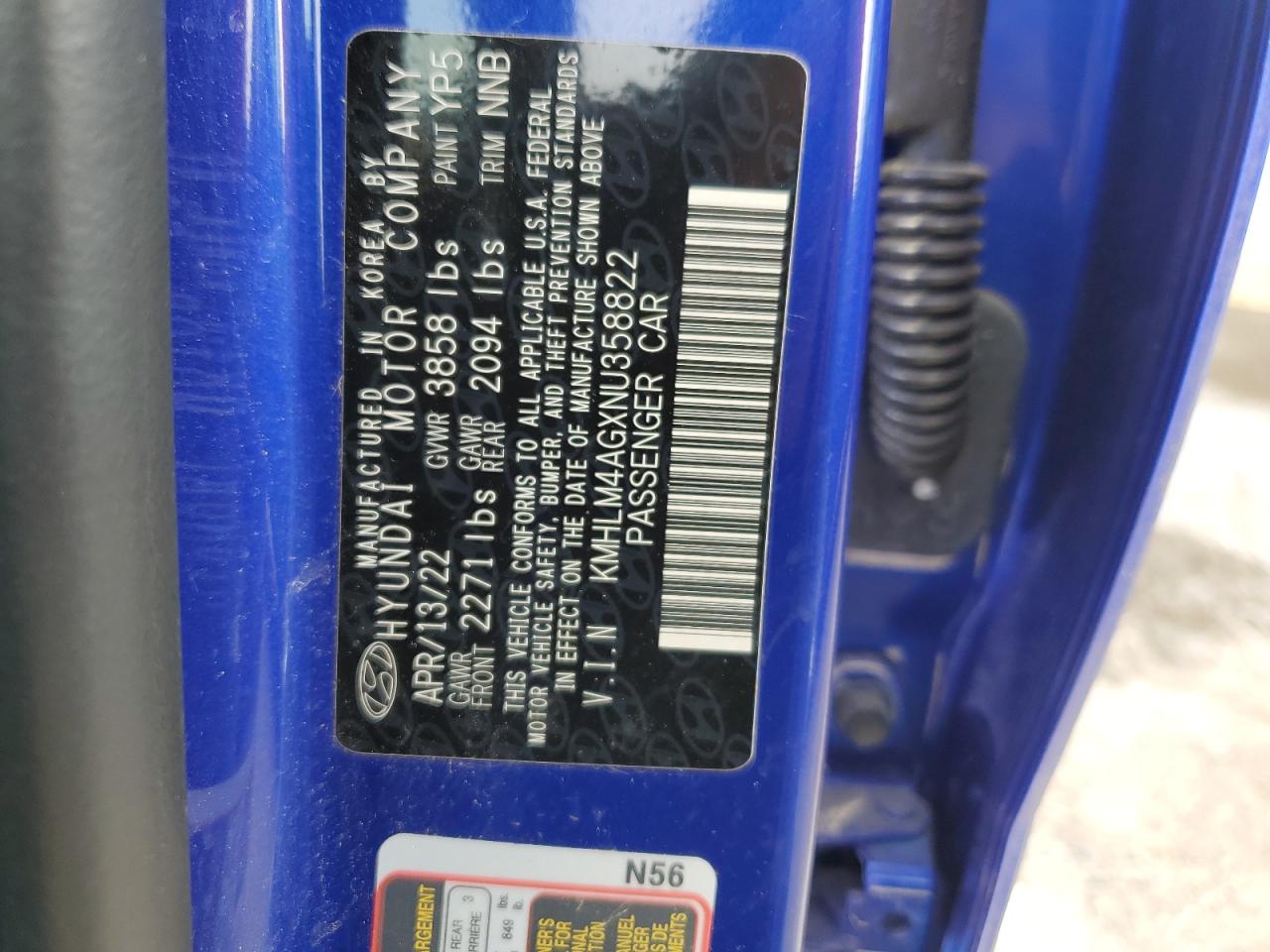 2022 HYUNDAI ELANTRA SEL VIN:KMHLM4AGXNU358822