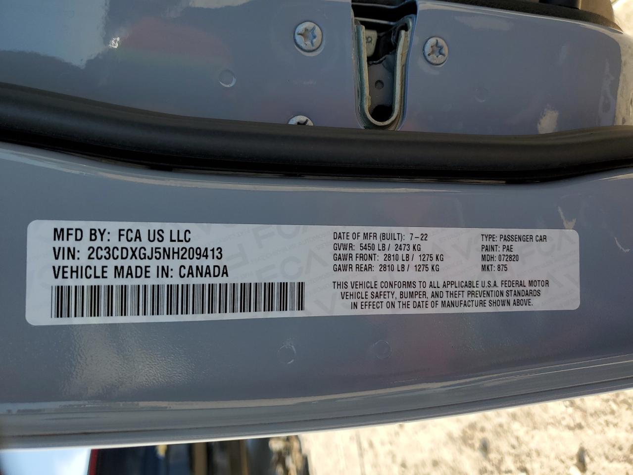 2022 DODGE CHARGER SCAT PACK VIN:2C3CDXGJ5NH209413