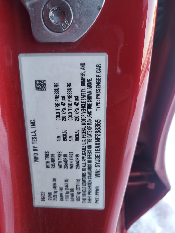2022 TESLA MODEL 3 VIN:5YJ3E1EAXNF288365