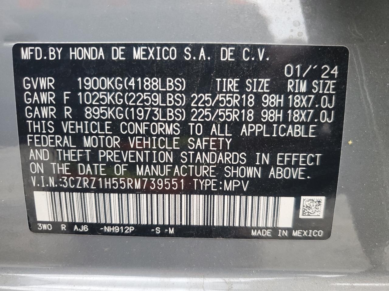 2024 HONDA HR-V SPORT VIN:3CZRZ1H55RM739551