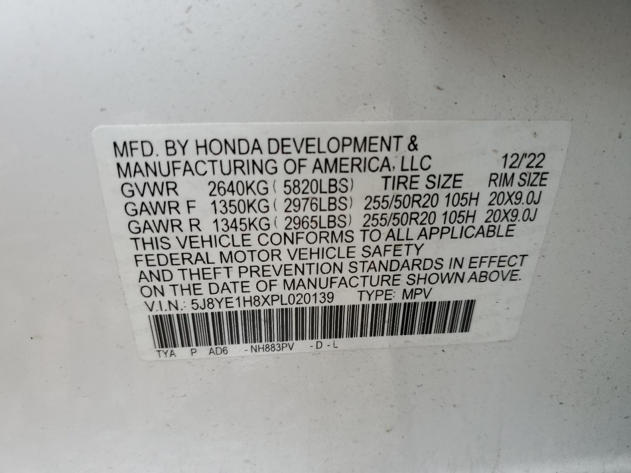 2023 ACURA MDX ADVANCE VIN:5J8YE1H8XPL020139