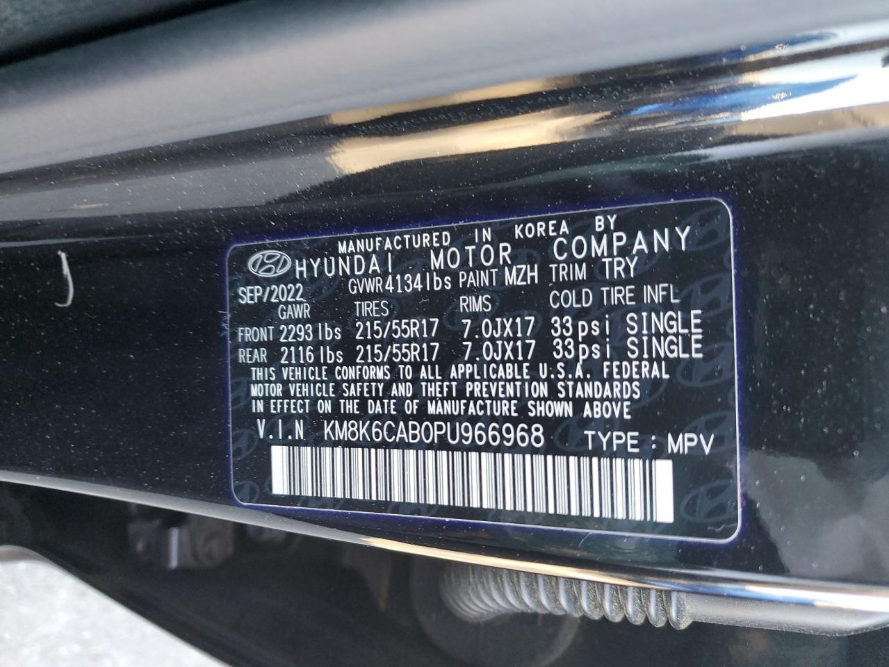 2023 HYUNDAI KONA SEL VIN:KM8K6CAB0PU966968