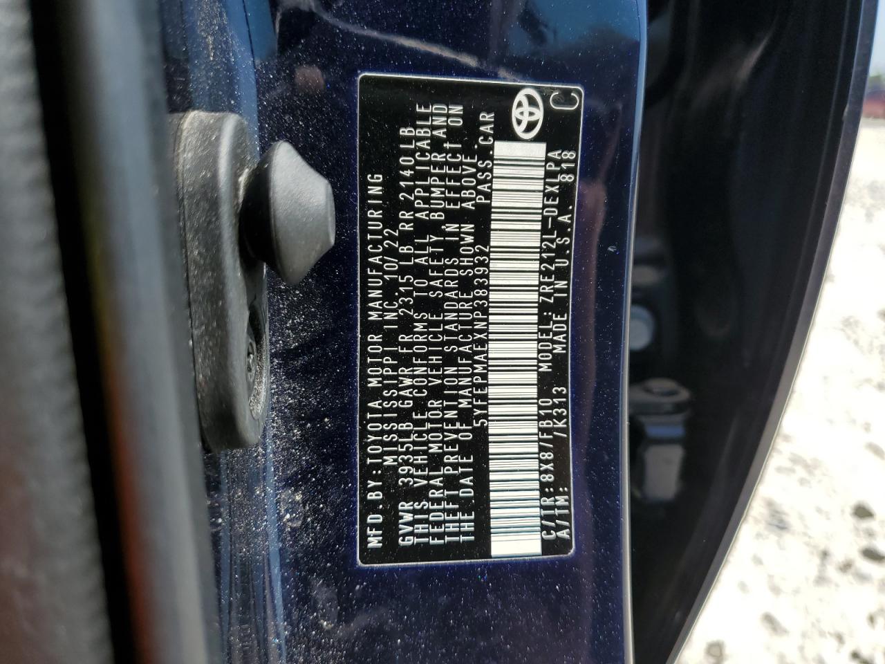 2022 TOYOTA COROLLA LE VIN:5YFEPMAEXNP383932