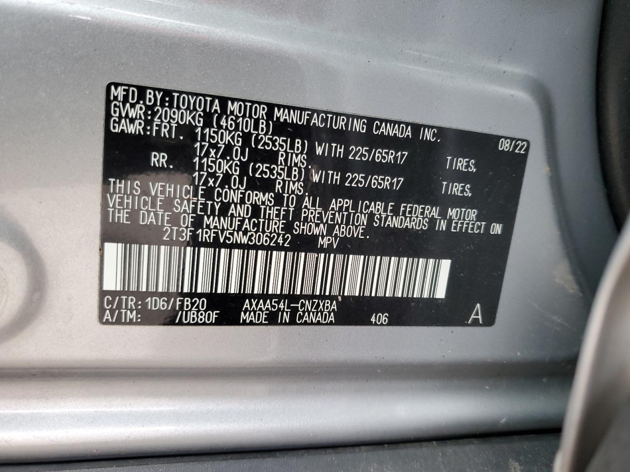 2022 TOYOTA RAV4 LE VIN:2T3F1RFV5NW306242