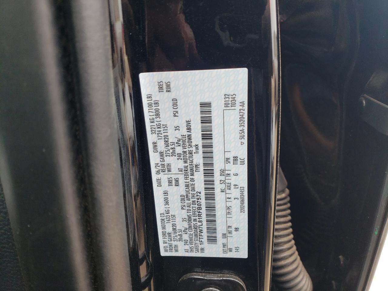 2024 FORD F150 PLATINUM VIN:1FTFW7L81RFB07572