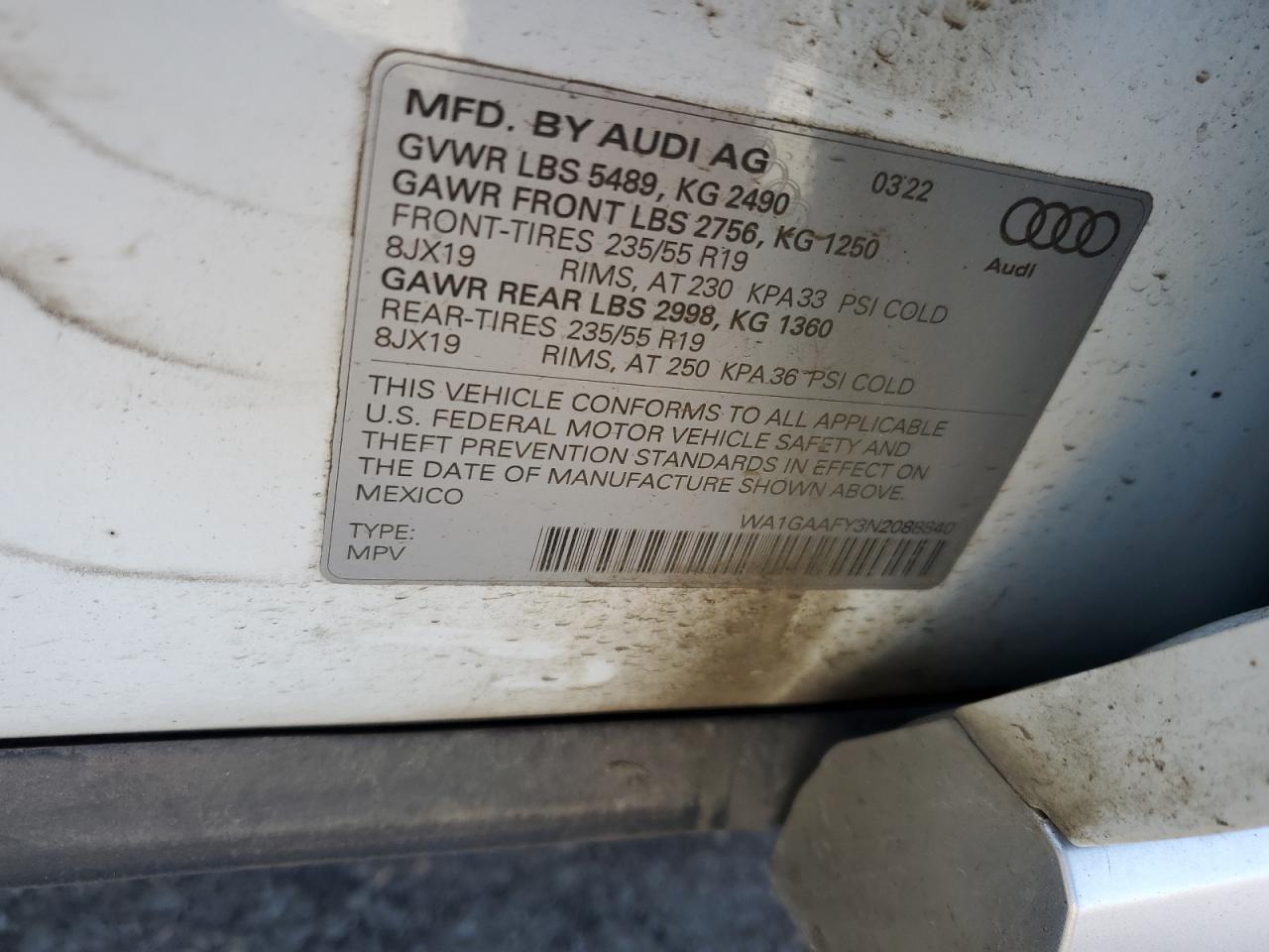 2022 AUDI Q5 PREMIUM 45 VIN:WA1GAAFY3N2088840