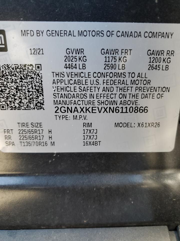 2022 CHEVROLET EQUINOX LT VIN:2GNAXKEVXN6110866
