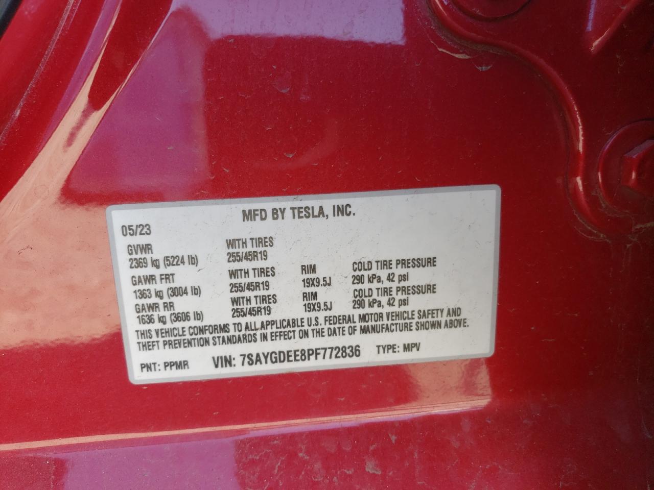 2023 TESLA MODEL Y VIN:7SAYGDEE8PF772836