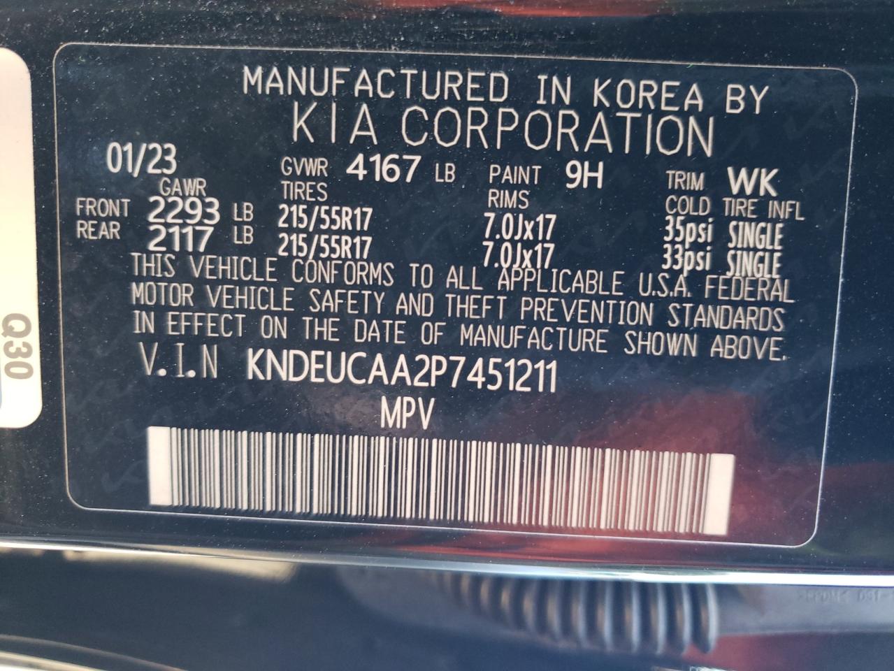 2023 KIA SELTOS S VIN:KNDEUCAA2P7451211