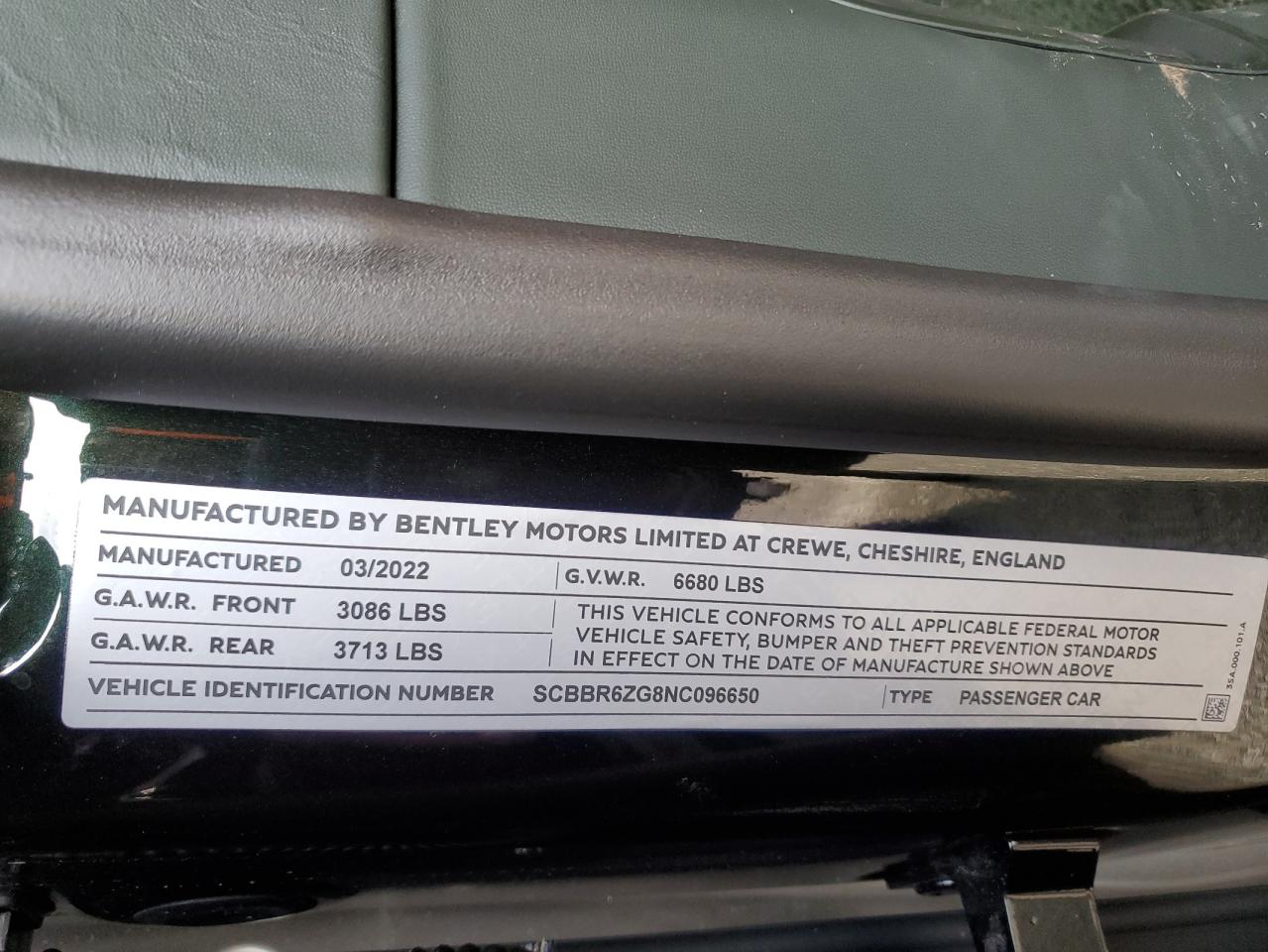 2022 BENTLEY FLYING SPUR VIN:SCBBR6ZG8NC096650